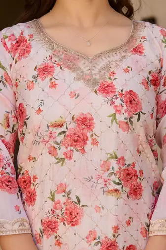 Women's  Embroidery Chinon Straight Kurta Palazzo and Dupatta Set