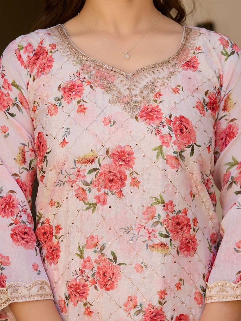 Women's Gorgeous Embroidery Chinon Fabric Straight Kurta Palazzo and Dupatta Set