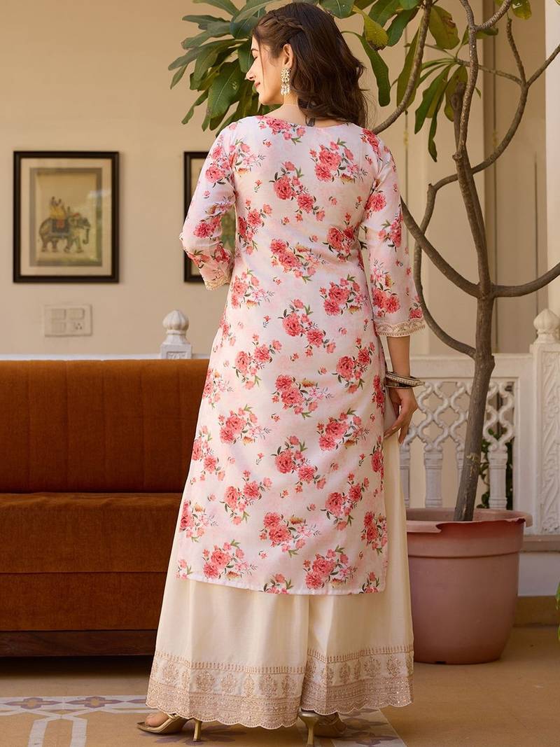 Women's Gorgeous Embroidery Chinon Fabric Straight Kurta Palazzo and Dupatta Set