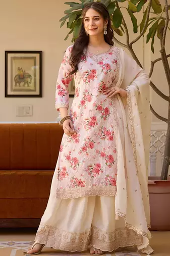 Women's  Embroidery Chinon Straight Kurta Palazzo and Dupatta Set