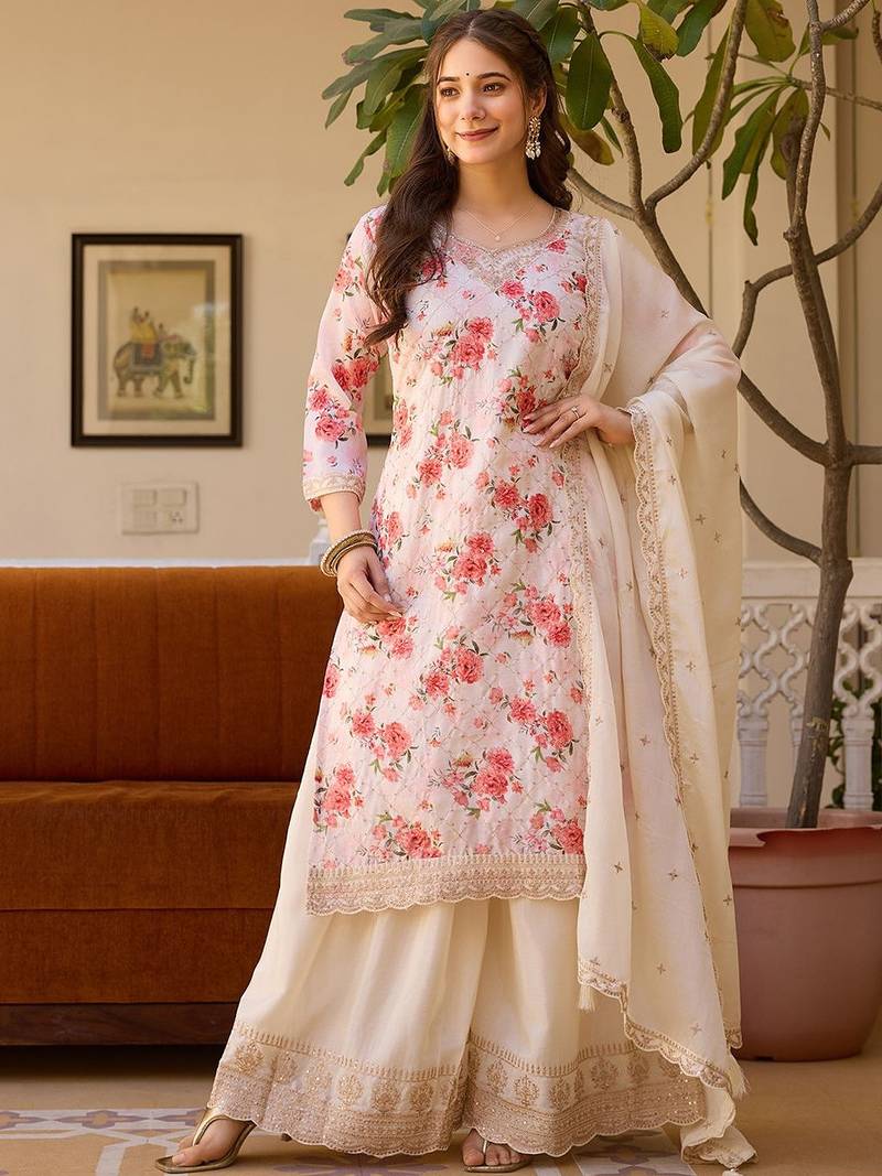 Women's Gorgeous Embroidery Chinon Fabric Straight Kurta Palazzo and Dupatta Set