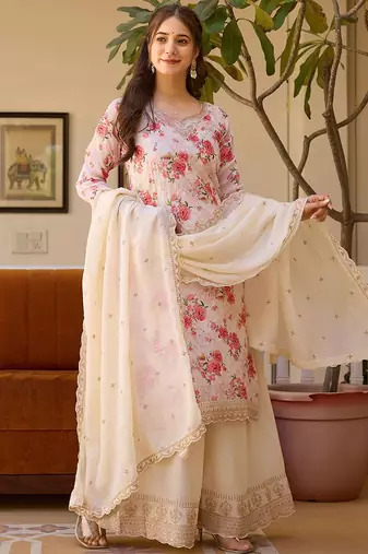 Women's  Embroidery Chinon Straight Kurta Palazzo and Dupatta Set