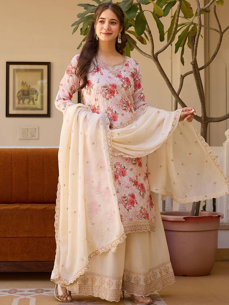 Women's Gorgeous Embroidery Chinon Fabric Straight Kurta Palazzo and Dupatta Set