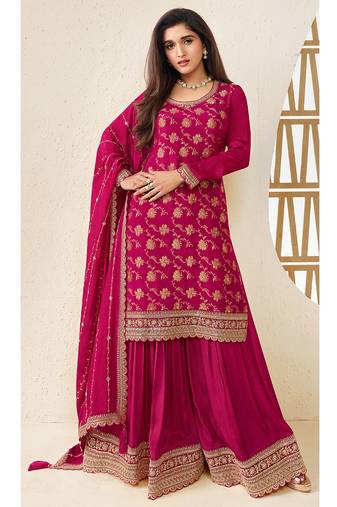 designer jacquard magenta palazzo suit for women ethnic wear