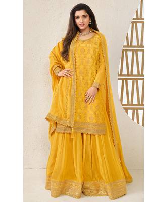 jacquard yellow palazzo suit for women ethnic wear 1