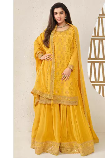 designer jacquard yellow palazzo suit for women ethnic wear