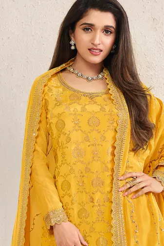  jacquard yellow palazzo suit for women ethnic wear