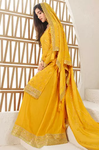  jacquard yellow palazzo suit for women ethnic wear