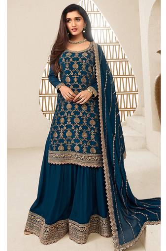 designer jacquard blue palazzo suit for women ethnic wear