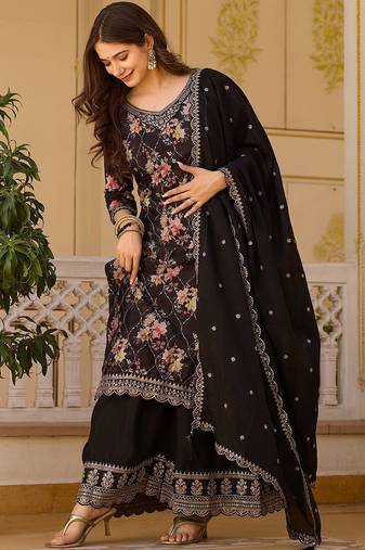 Women's Gorgeous Embroidery Chinon Fabric Straight Kurta Palazzo and Dupatta Set