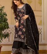 Women's  Embroidery Chinon Straight Kurta Palazzo and Dupatta Set