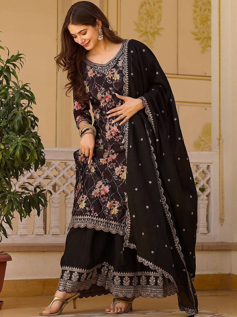 Women's Gorgeous Embroidery Chinon Fabric Straight Kurta Palazzo and Dupatta Set