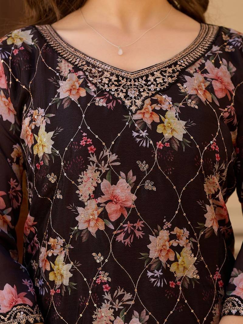 Women's Gorgeous Embroidery Chinon Fabric Straight Kurta Palazzo and Dupatta Set