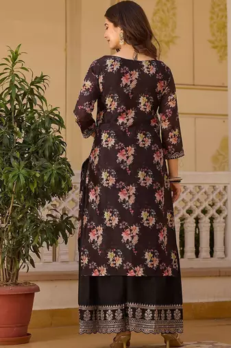 Women's  Embroidery Chinon Straight Kurta Palazzo and Dupatta Set