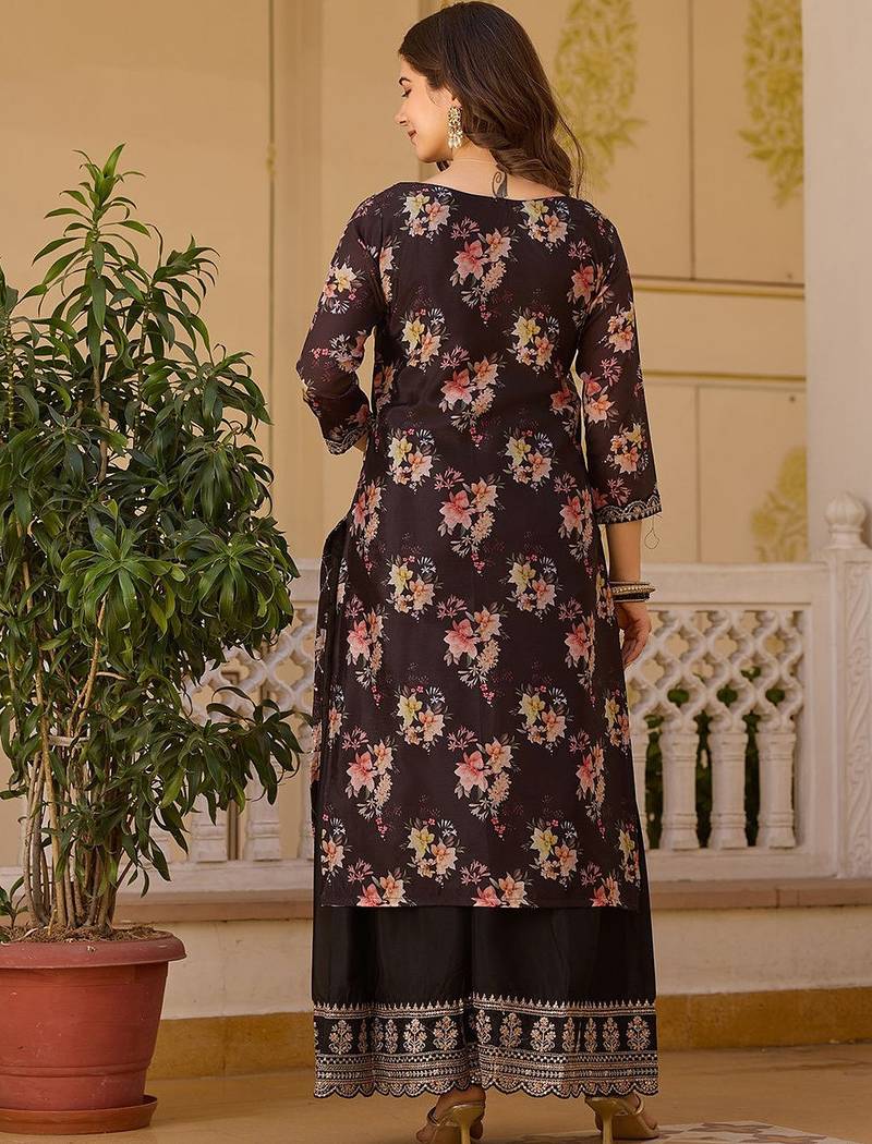 Women's Gorgeous Embroidery Chinon Fabric Straight Kurta Palazzo and Dupatta Set