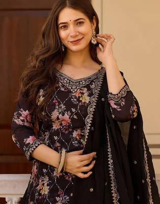 Women's  Embroidery Chinon Straight Kurta Palazzo and Dupatta Set 4