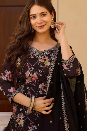 Women's  Embroidery Chinon Straight Kurta Palazzo and Dupatta Set