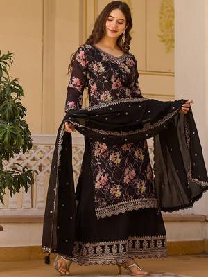 Women's  Embroidery Chinon Straight Kurta Palazzo and Dupatta Set 5