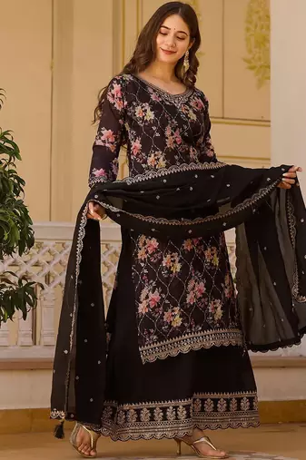 Women's  Embroidery Chinon Straight Kurta Palazzo and Dupatta Set