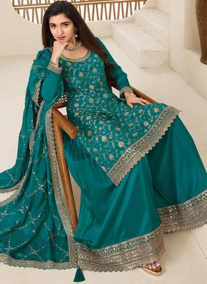 jacquard sky blue palazzo suit for women ethnic wear 4