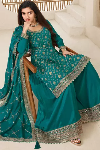 jacquard sky blue palazzo suit for women ethnic wear