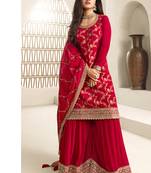  jacquard red palazzo suit for women ethnic wear
