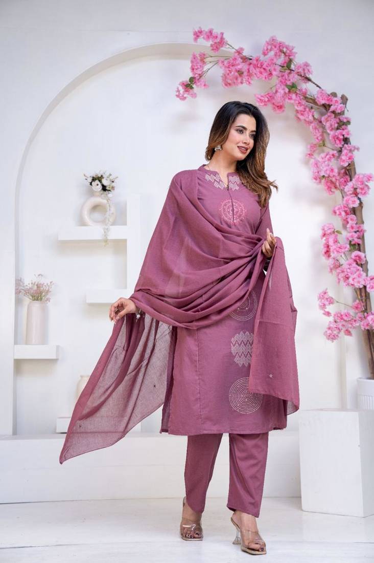 Cotton cambric  straight  kurti-pant-dupatta  set