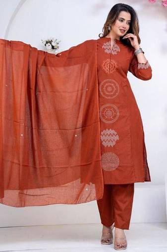 Cotton cambric  straight  kurti-pant-dupatta  set