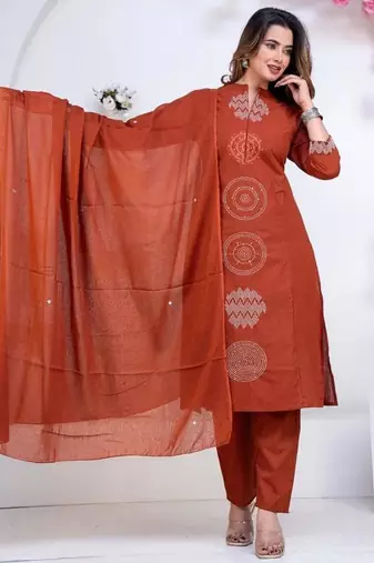 Cotton cambric  straight  kurti-pant-dupatta  set