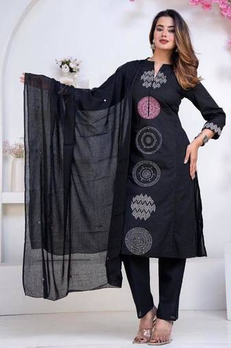 Cotton cambric  straight  kurti-pant-dupatta  set