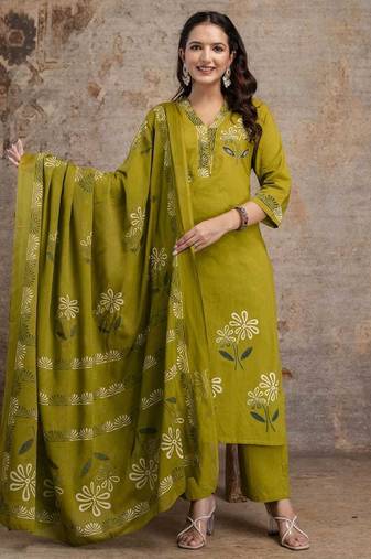 Cotton floral  straight  kurti-pant-dupatta  set