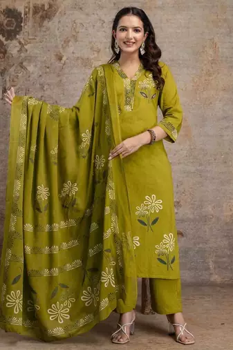 Cotton floral  straight  kurti-pant-dupatta  set