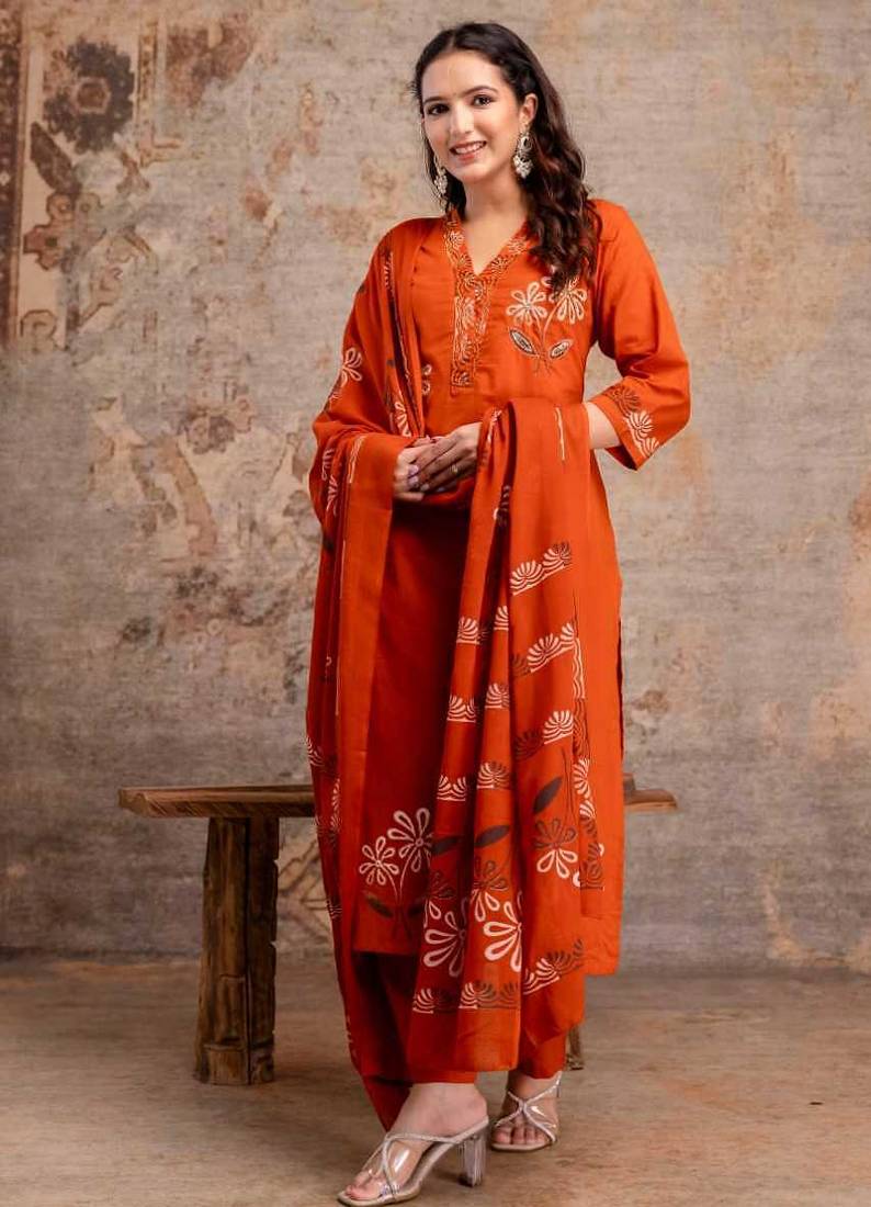 Cotton floral  straight  kurti-pant-dupatta  set
