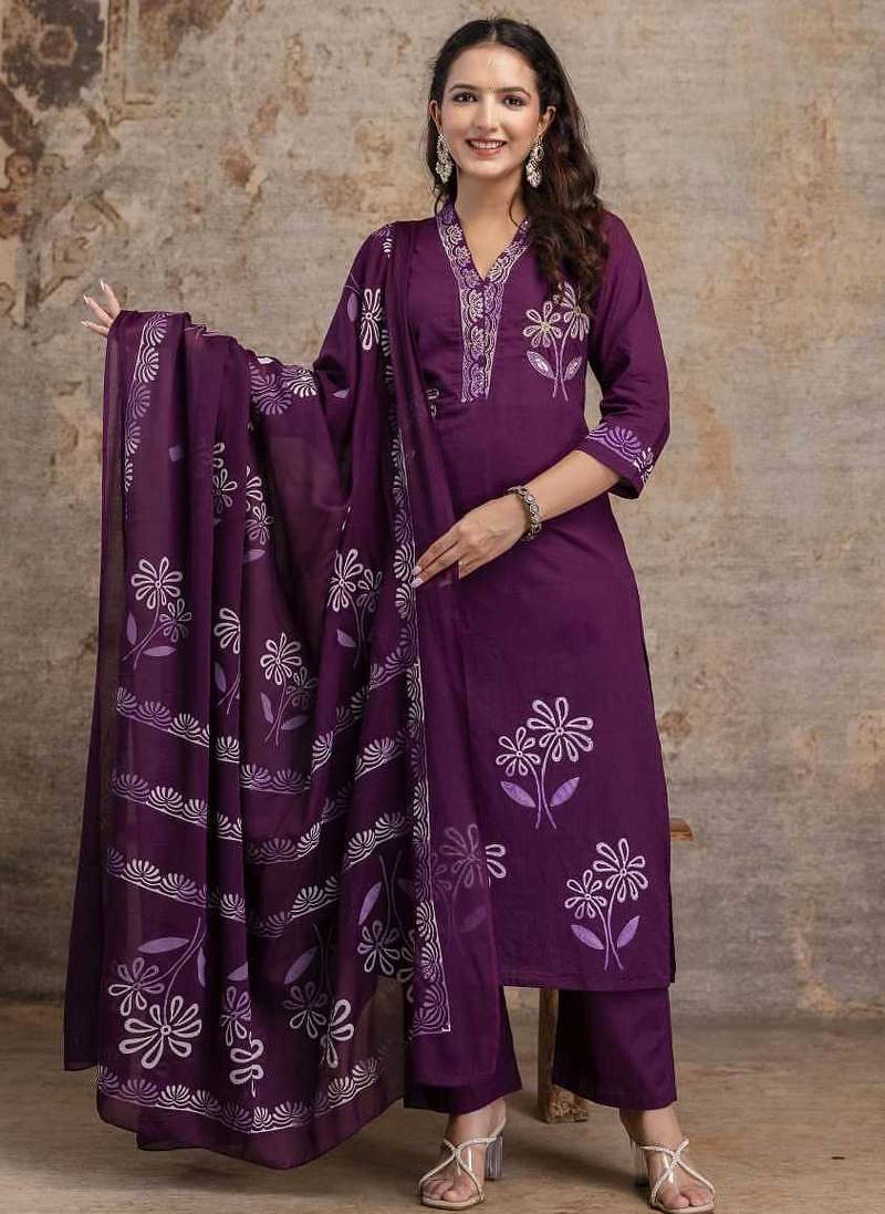 Cotton floral  straight  kurti-pant-dupatta  set