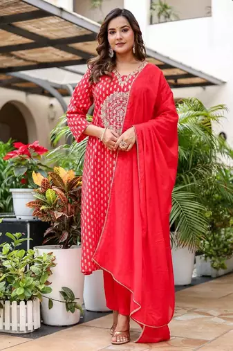 Cotton zari   kurti-pant-dupatta  set