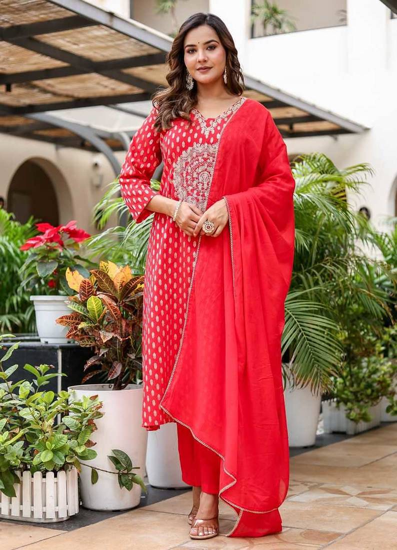 Cotton zari   kurti-pant-dupatta  set