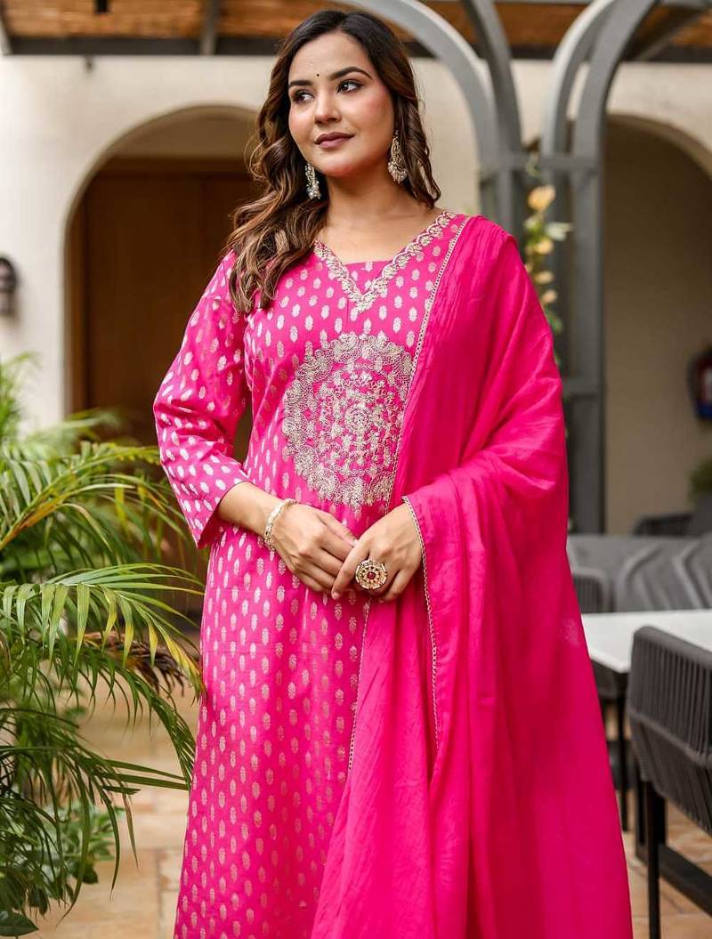Cotton zari   kurti-pant-dupatta  set