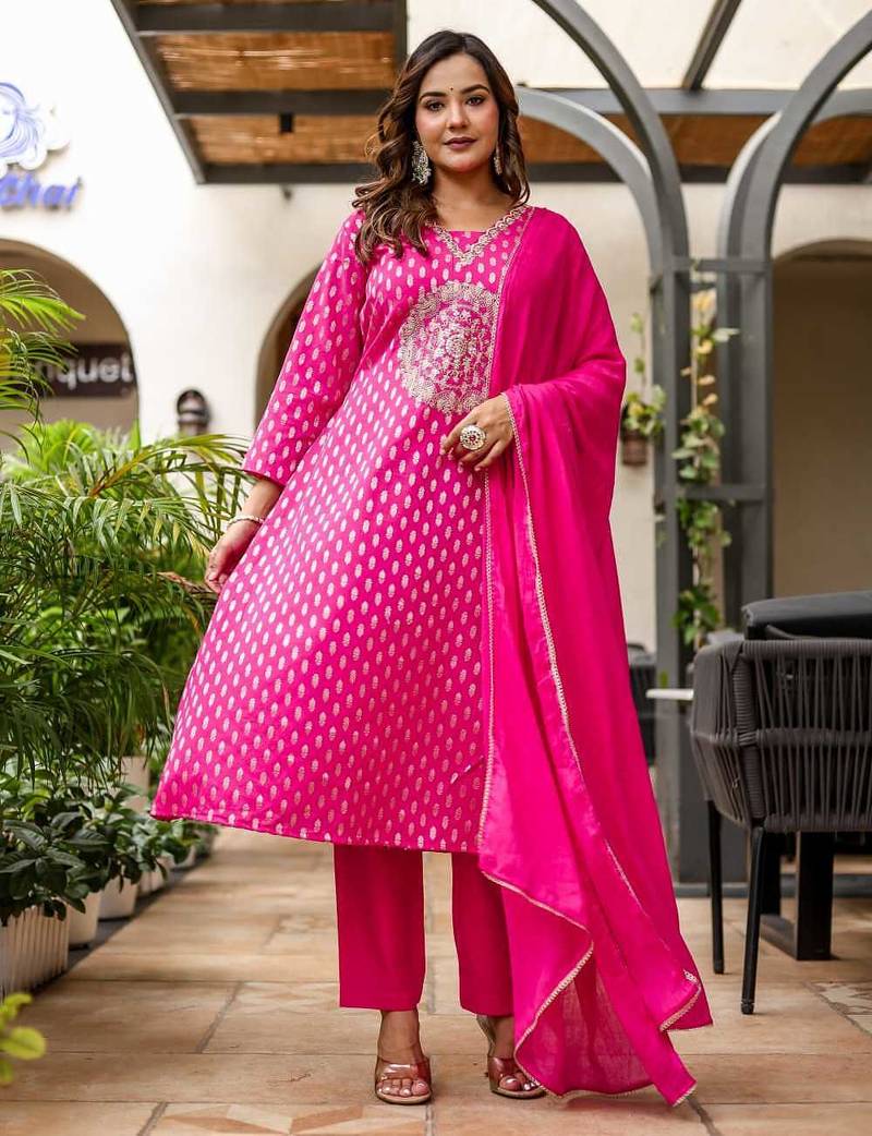 Cotton zari   kurti-pant-dupatta  set