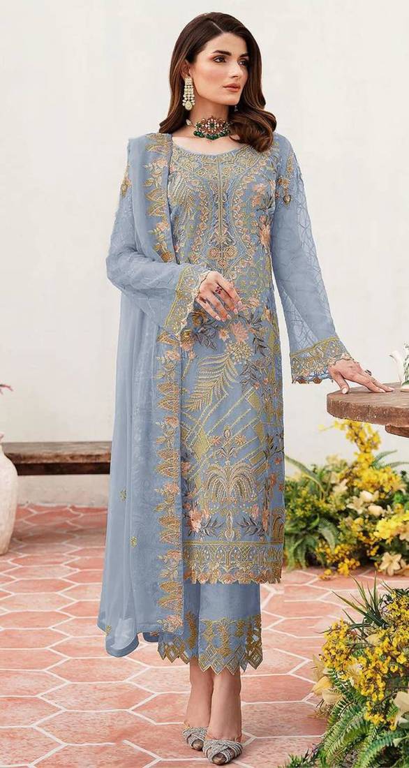 Lavender embroidered faux georgette semi stitched salwar suit