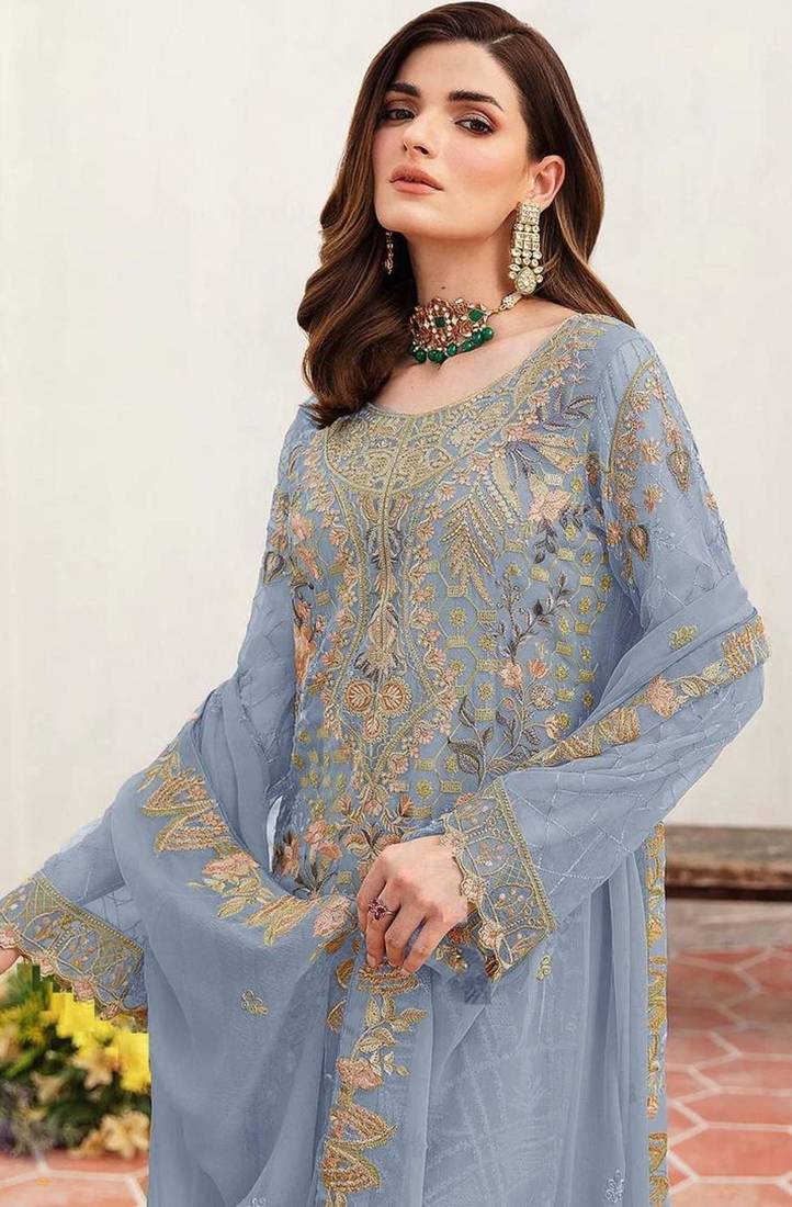 Lavender embroidered faux georgette semi stitched salwar suit