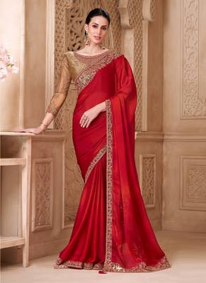 red satin silk blend sequince work brocade designer blouse party wear saree  1