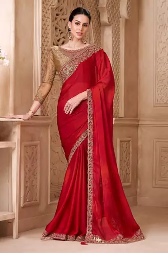 red satin silk blend sequince work brocade designer blouse party wear saree 