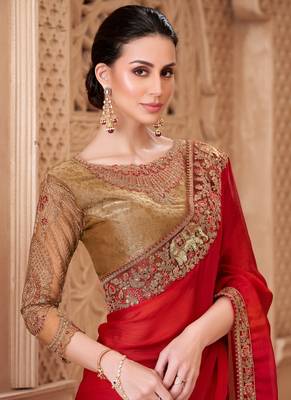 red satin silk blend sequince work brocade designer blouse party wear saree  2