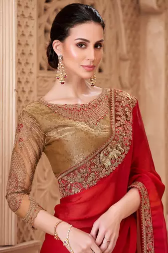 red satin silk blend sequince work brocade designer blouse party wear saree 