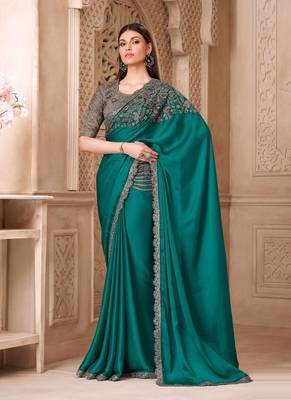 sea green satin silk blend sequince & resham work tussar silk blend designer blouse party wear saree  1