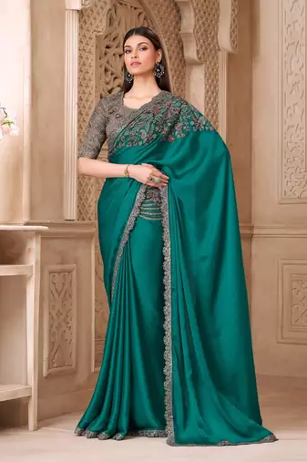 sea green satin silk blend sequince & resham work tussar silk blend designer blouse party wear saree 