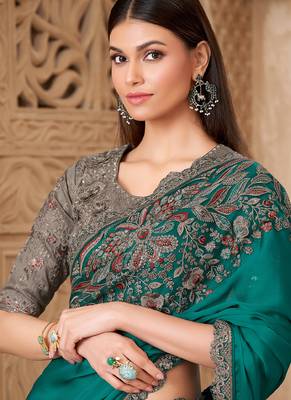 sea green satin silk blend sequince & resham work tussar silk blend designer blouse party wear saree  2