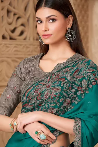 sea green satin silk blend sequince & resham work tussar silk blend designer blouse party wear saree 