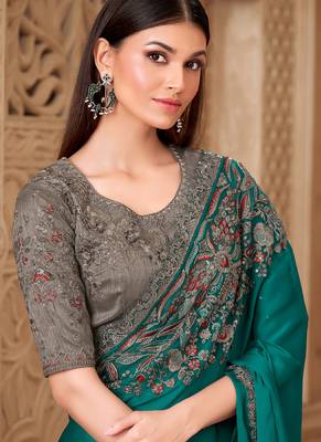 sea green satin silk blend sequince & resham work tussar silk blend designer blouse party wear saree  3