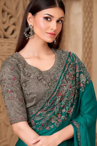 sea green satin silk blend sequince & resham work tussar silk blend designer blouse party wear saree 